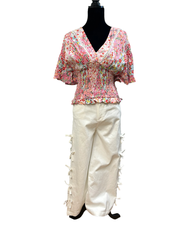 White Denim Pant w/Bows Down Side — Entro, view 2