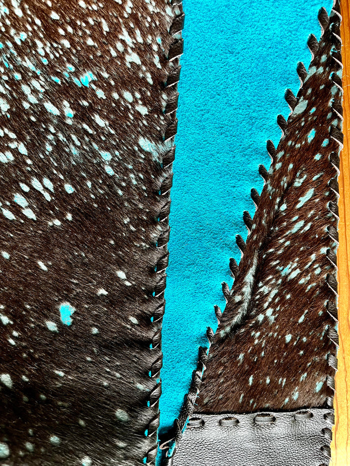 Acid Washed Turquoise Cowhide & Leather Table Runner