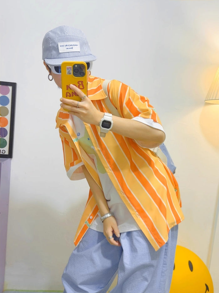 American Style Yellow Vertical Striped Short-Sleeve Shirt