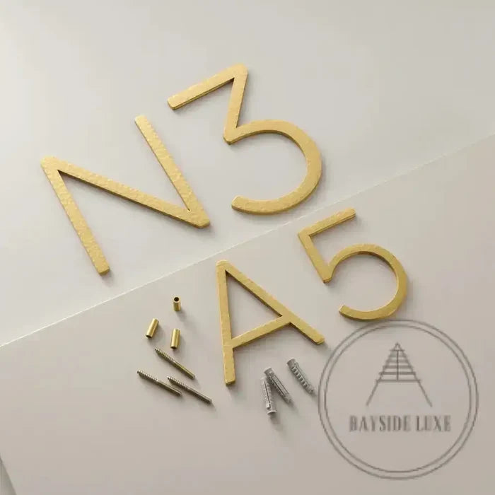House Numbers and Letters Bayside Luxe Signage - Hammered Satin Brass Floating Numbers and Letters - Noosa 10cm