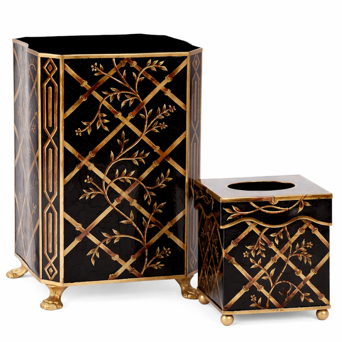 Black Bamboo and Floral Tissue Holder or Wastepaper Basket by The Enchanted Home