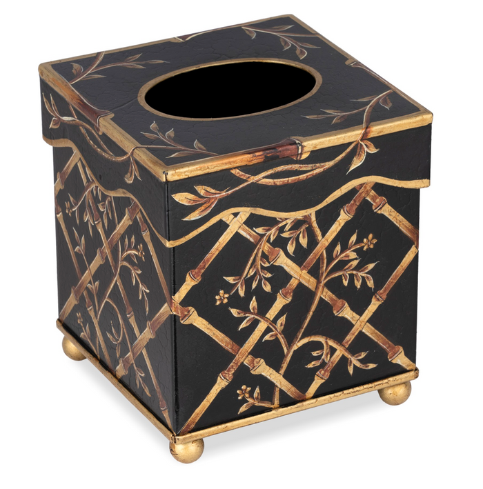 Black Bamboo and Floral Tissue Holder or Wastepaper Basket by The Enchanted Home