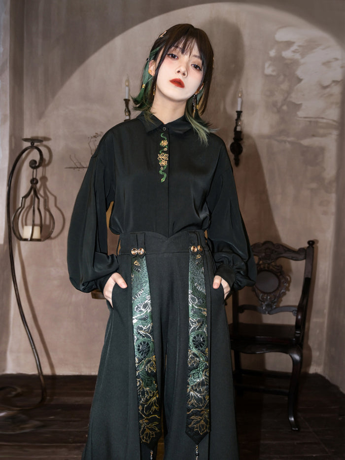 Black Chinese-style shirt with snake embroidery