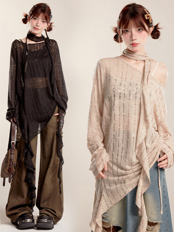 Black/Beige Long Sleeve Knitted Sun Protection Cardigan Summer