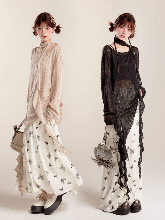 Black/Beige Long Sleeve Knitted Sun Protection Cardigan Summer