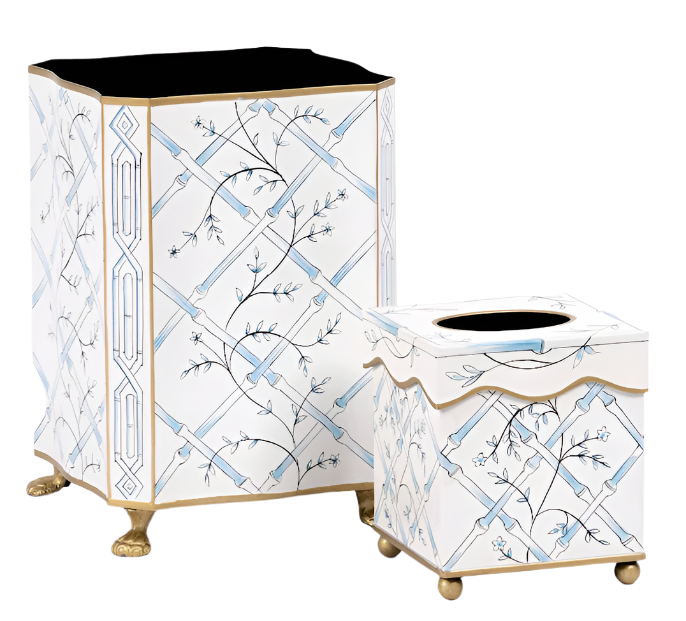 Blue Bamboo and Floral Tissue Holder or Wastepaper Basket by The Enchanted Home