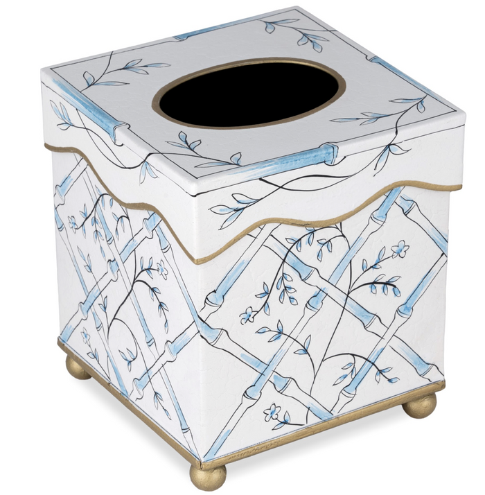 Blue Bamboo and Floral Tissue Holder or Wastepaper Basket by The Enchanted Home