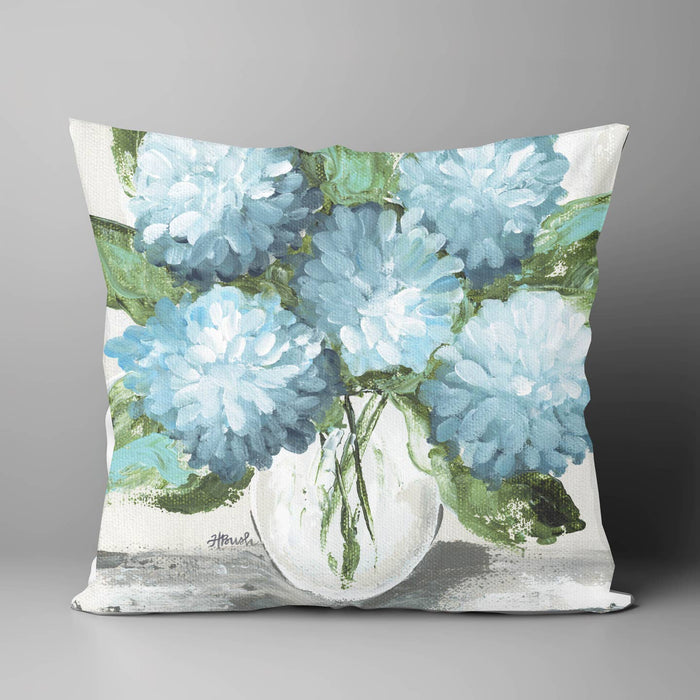 Blue Hydrangeas on White Outdoor Pillow