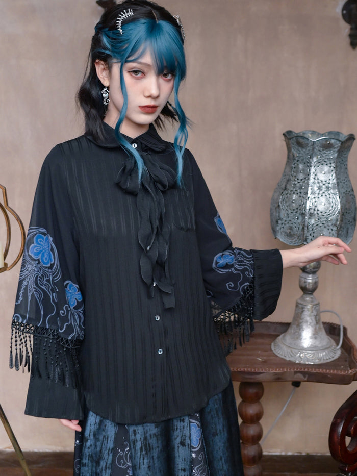 Blue Tears' Black Sweet-Cool Style Shirt with Double-Layer Sleeves