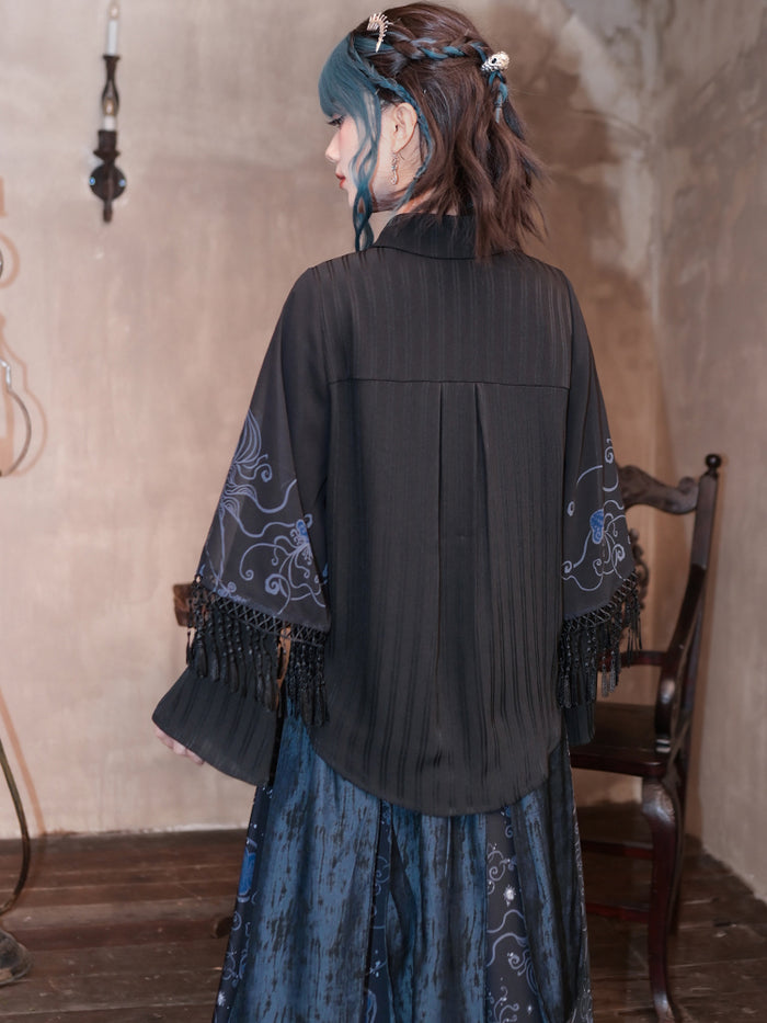 Blue Tears' Black Sweet-Cool Style Shirt with Double-Layer Sleeves