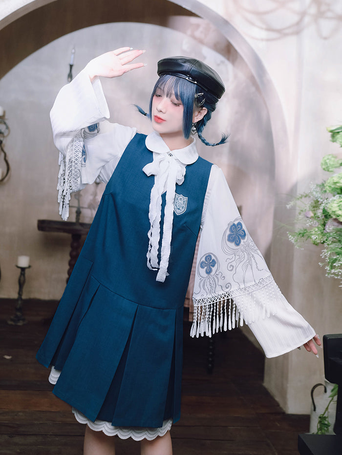 ‘Blue Tears’ printed white shirt with Peter Pan collar and layered sleeves