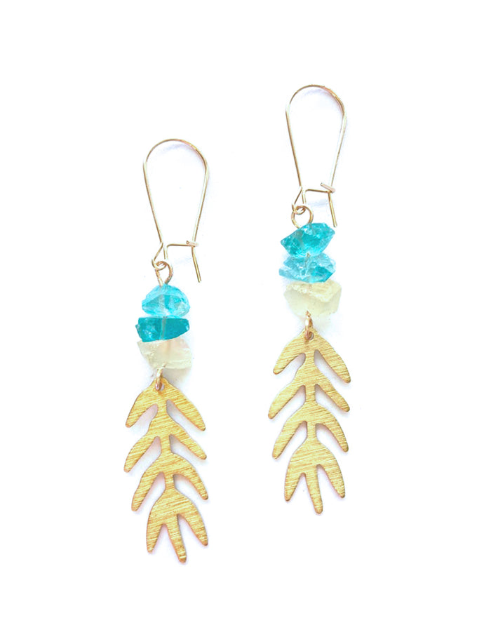 Brass Leaf & Stone Earrings