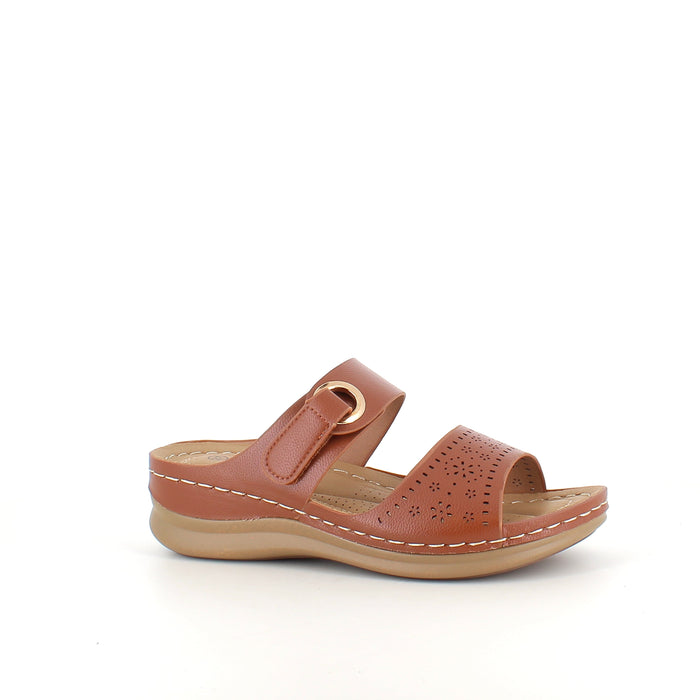 Brun slip-on sandal med kardborrerem – varm nyans & feminin siluett
