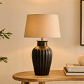 Burcot 28cm Jet Black Mango Wood Lamp Base with Coningsby 30cm Shade - Taupe - Laura James