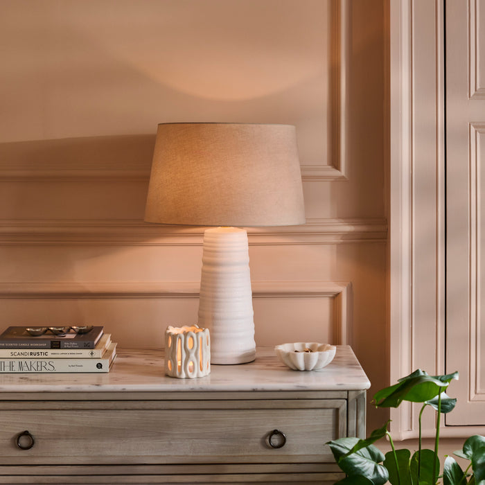 Burleigh 43cm Ceramic Table Lamp Base - White & Coningsby 35cm Cotton Lamp Shade - Taupe - Laura James