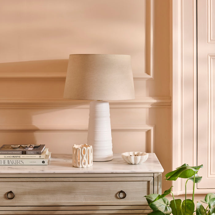 Burleigh 43cm Ceramic Table Lamp Base - White & Coningsby 35cm Cotton Lamp Shade - Taupe - Laura James