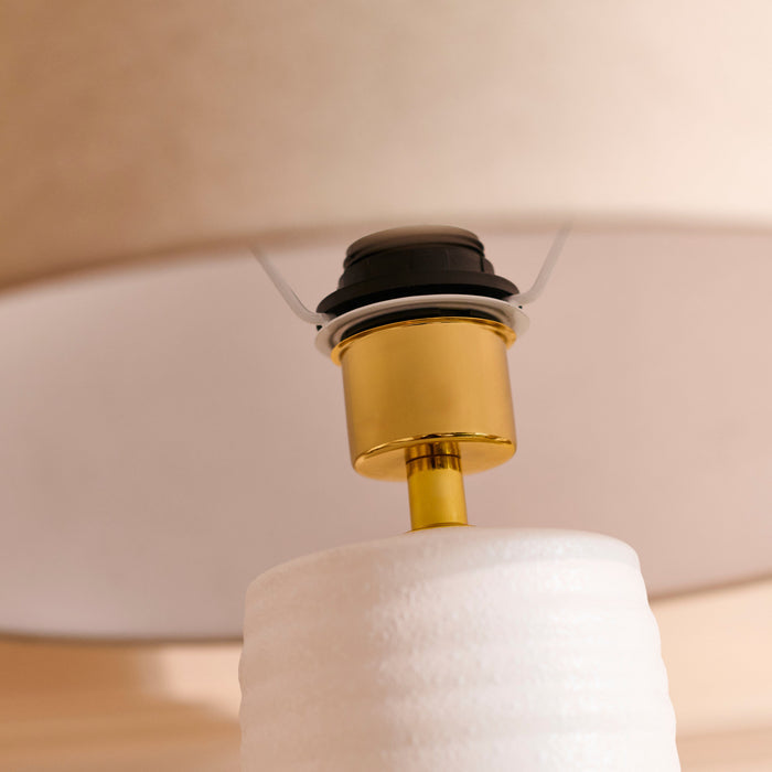 Burleigh 43cm Ceramic Table Lamp Base - White & Coningsby 35cm Cotton Lamp Shade - Taupe - Laura James