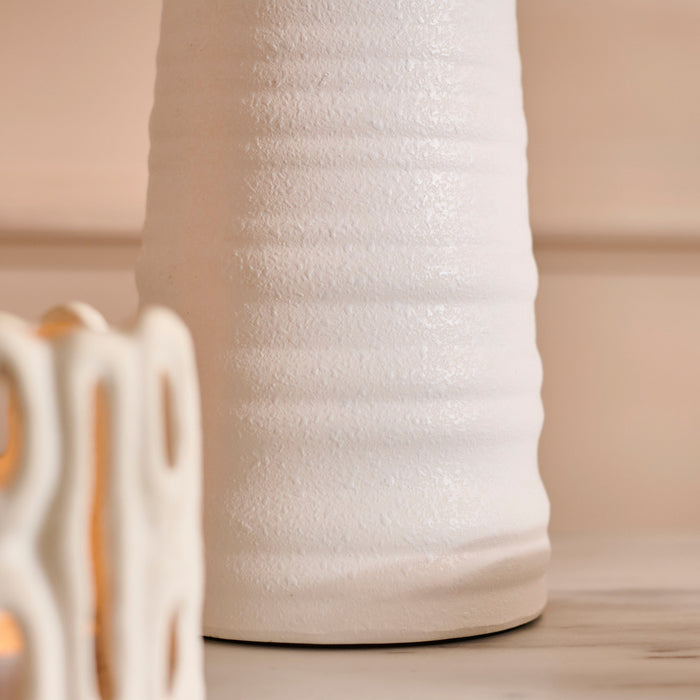 Burleigh 43cm Ceramic Table Lamp Base - White & Coningsby 35cm Cotton Lamp Shade - Taupe - Laura James