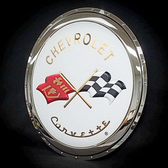 CHEVROLET CORVETTE C2 EMBOSSED CHROME GARAGE SIGN 22"  (USA ORDERS ONLY)