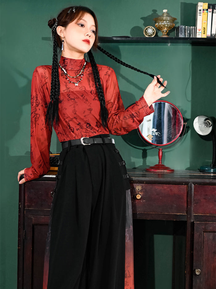 Chinese-inspired red mesh blouse