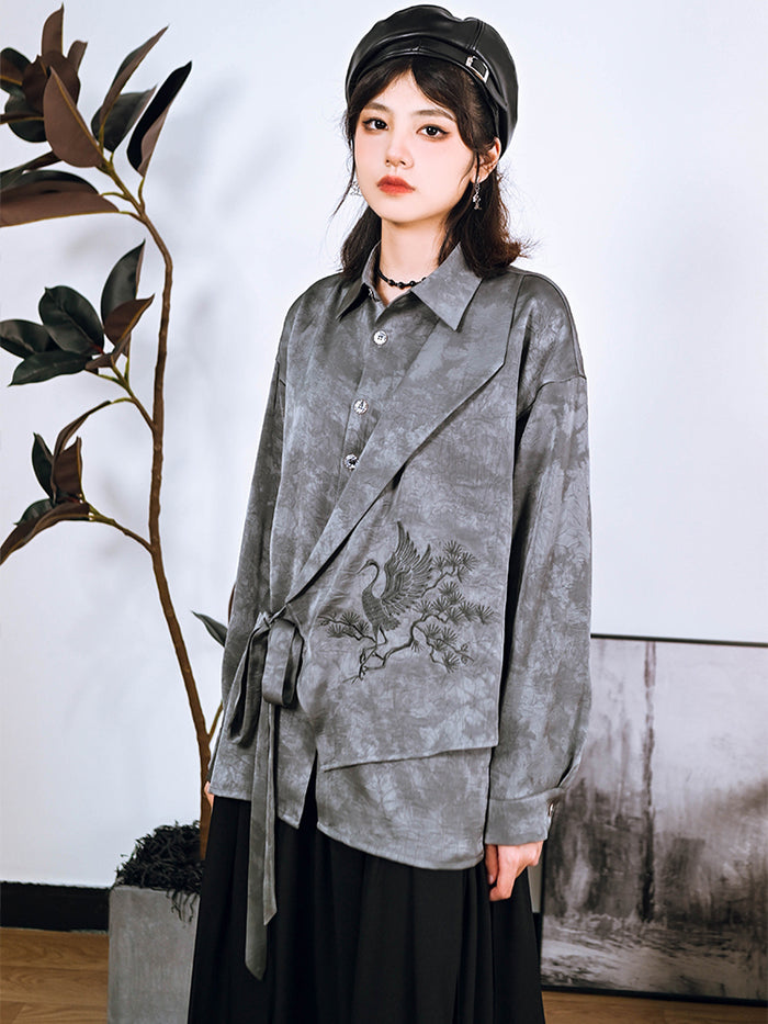 Chinese-style asymmetrical patchwork and embroidery shirt
