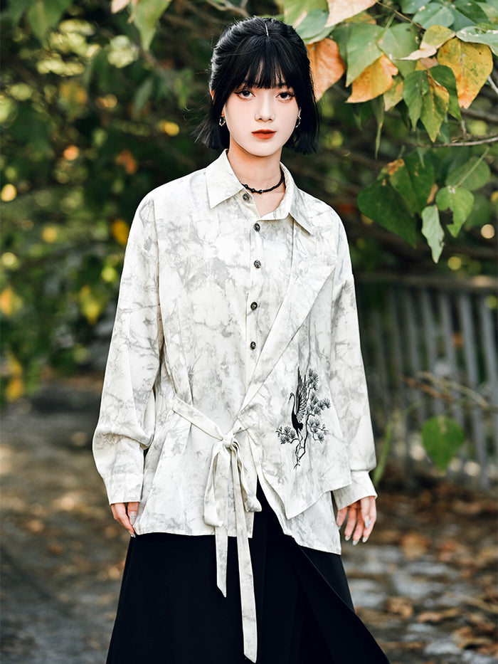 Chinese-style asymmetrical patchwork and embroidery shirt