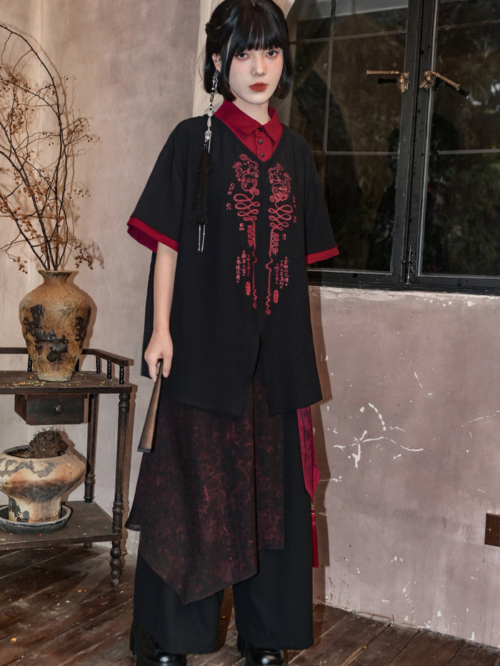 Chinese-style printed faux two-piece shirt