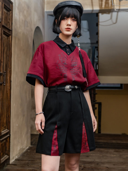 Chinese-style printed faux two-piece shirt