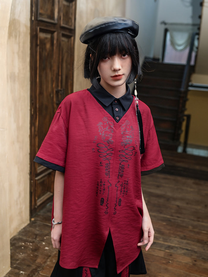 Chinese-style printed faux two-piece shirt