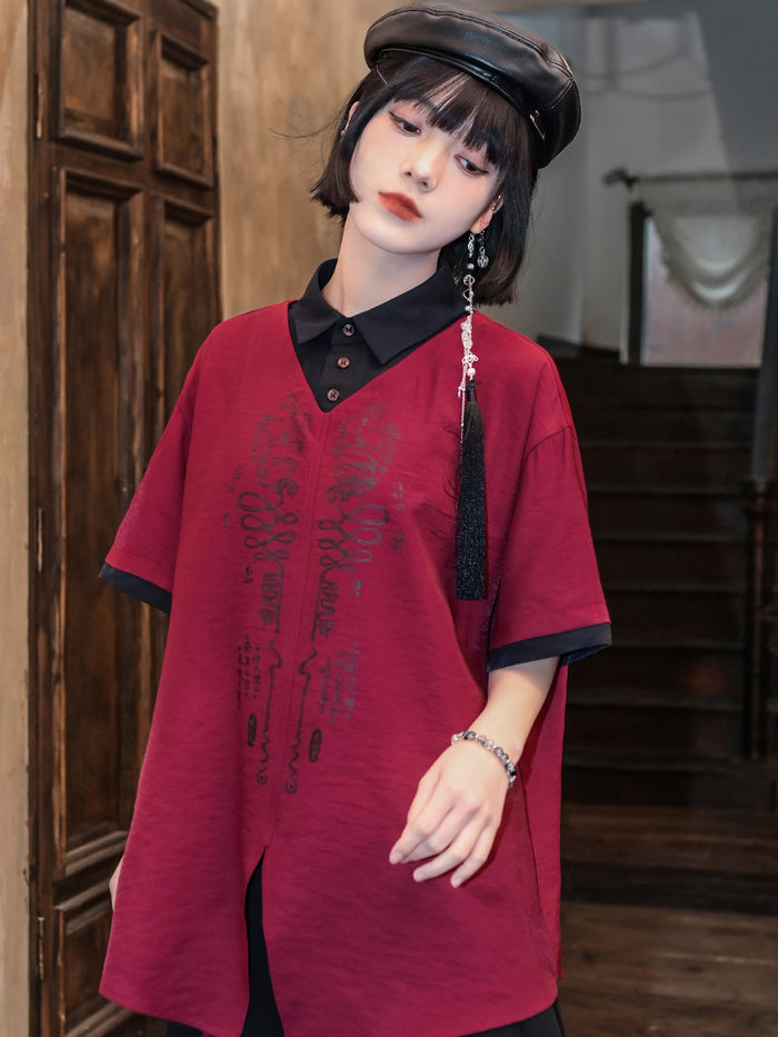 Chinese-style printed faux two-piece shirt