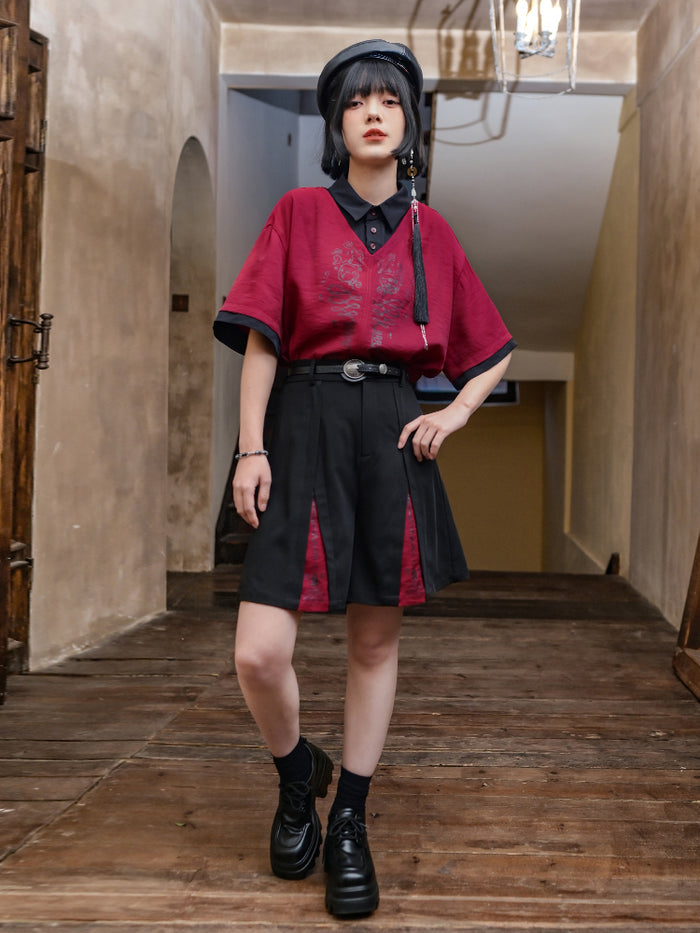 Chinese-style printed faux two-piece shirt