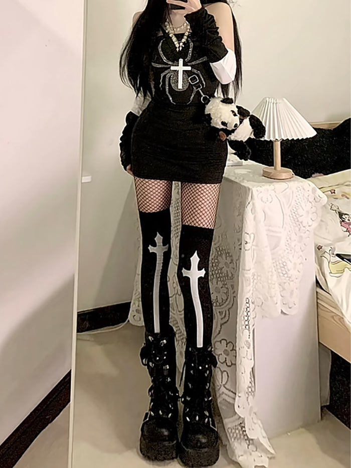 Dark Gothic Cross Black Over-the-Knee Socks
