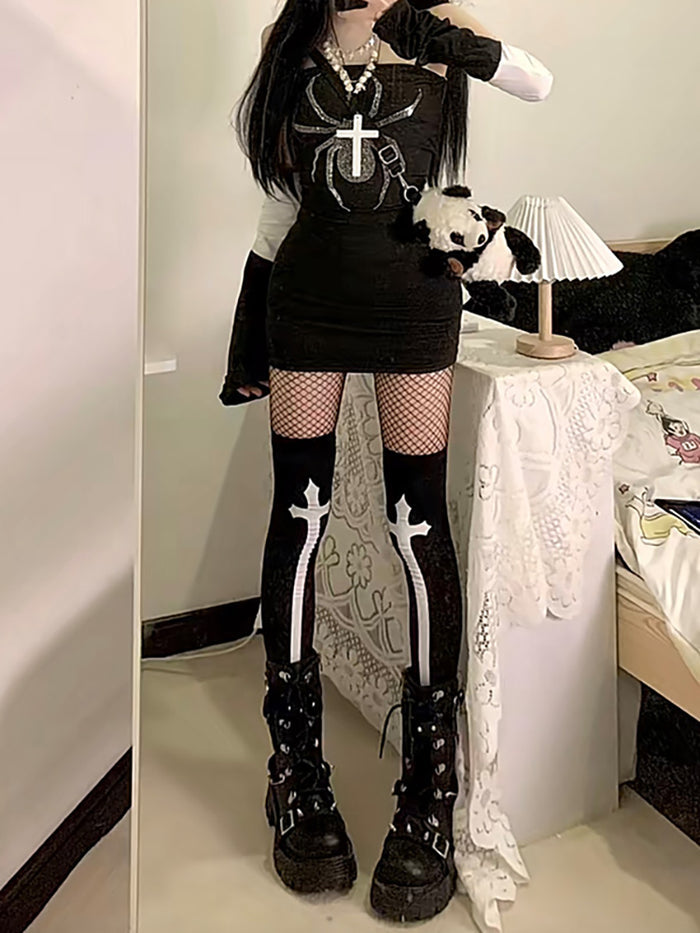 Dark Gothic Cross Black Over-the-Knee Socks