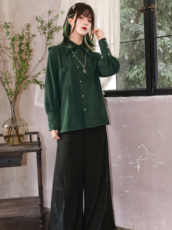 Dark green Chinese-inspired embroidered shirt with asymmetrical pointed collar