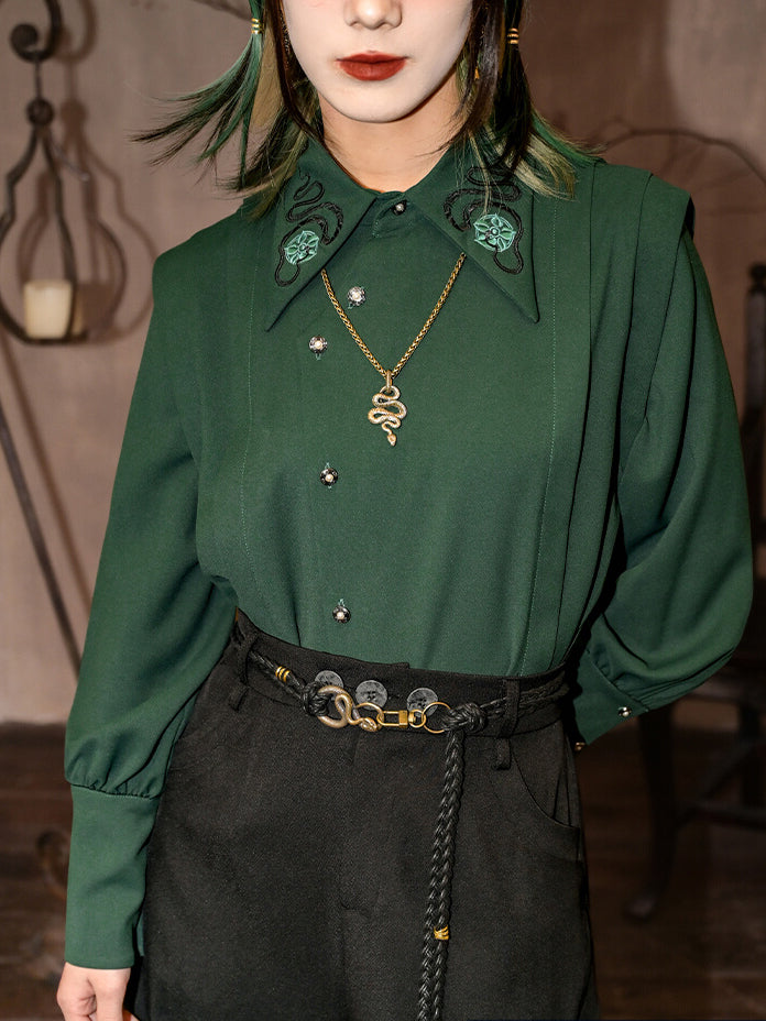 Dark green Chinese-inspired embroidered shirt with asymmetrical pointed collar