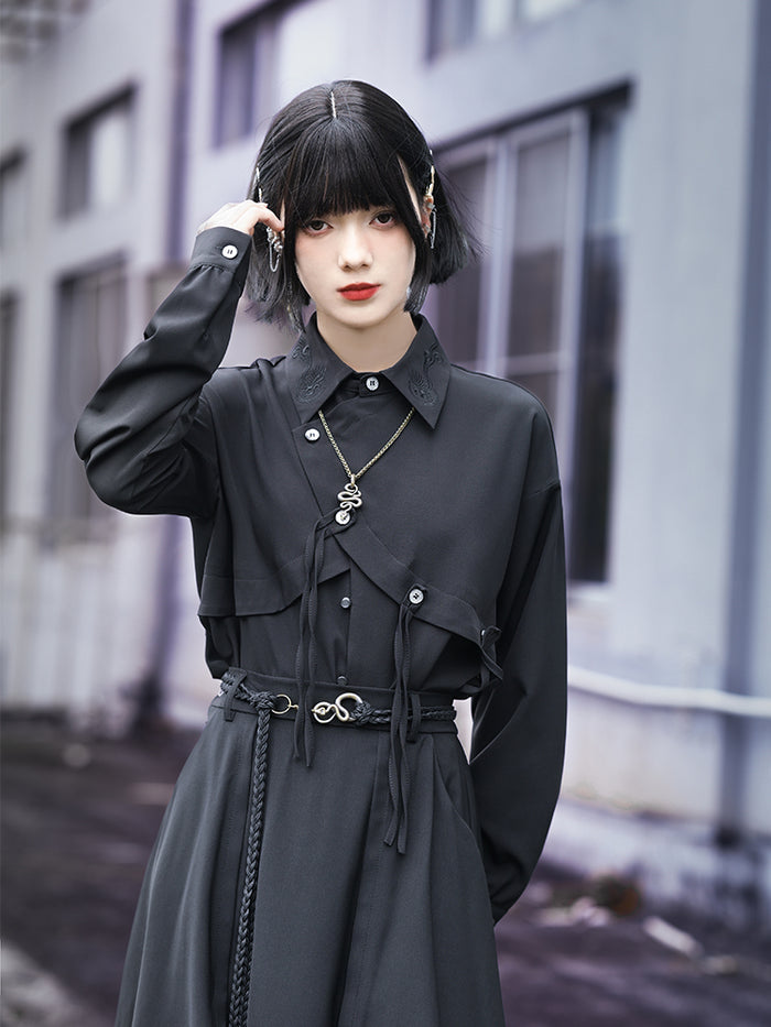 Dark-style asymmetrical embroidered shirt
