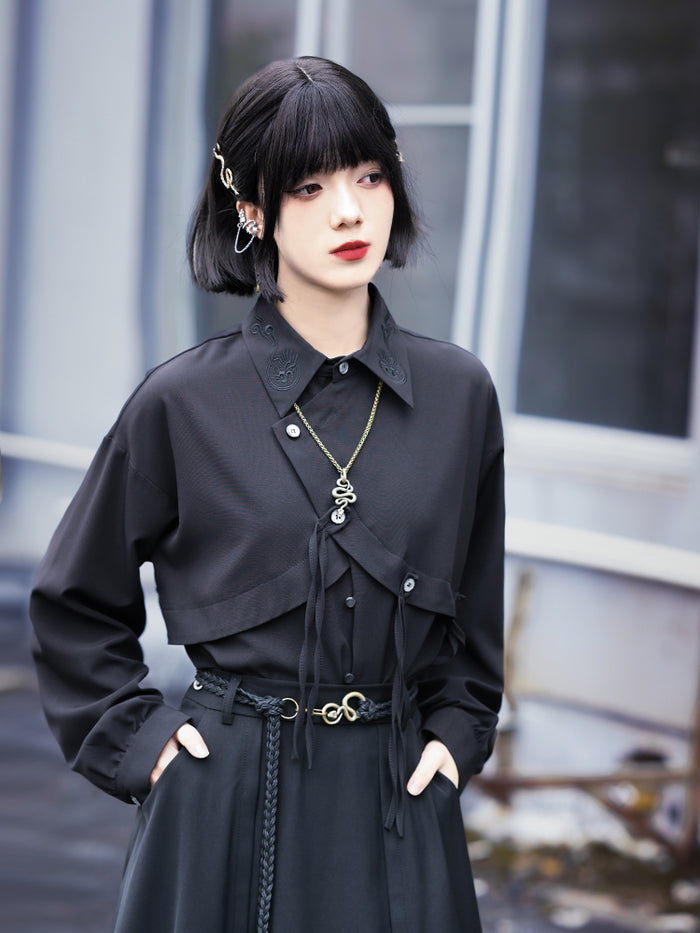 Dark-style asymmetrical embroidered shirt