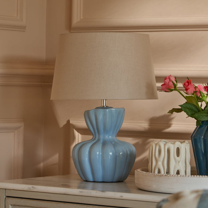 Dawes 30cm Ceramic Lamp Base - Cornflower Blue & Coningsby 30cm Cotton Lamp Shade - Taupe - Laura James
