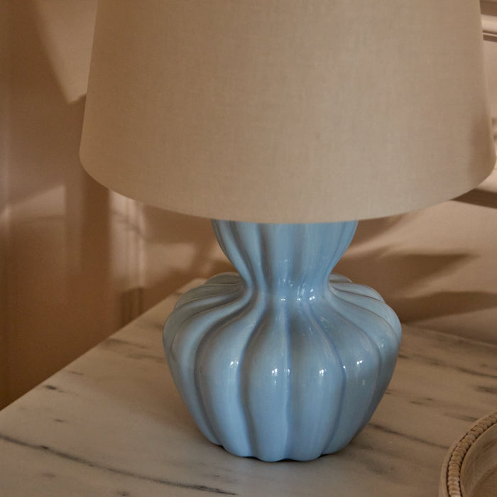 Dawes 30cm Ceramic Lamp Base - Cornflower Blue & Coningsby 30cm Cotton Lamp Shade - Taupe - Laura James