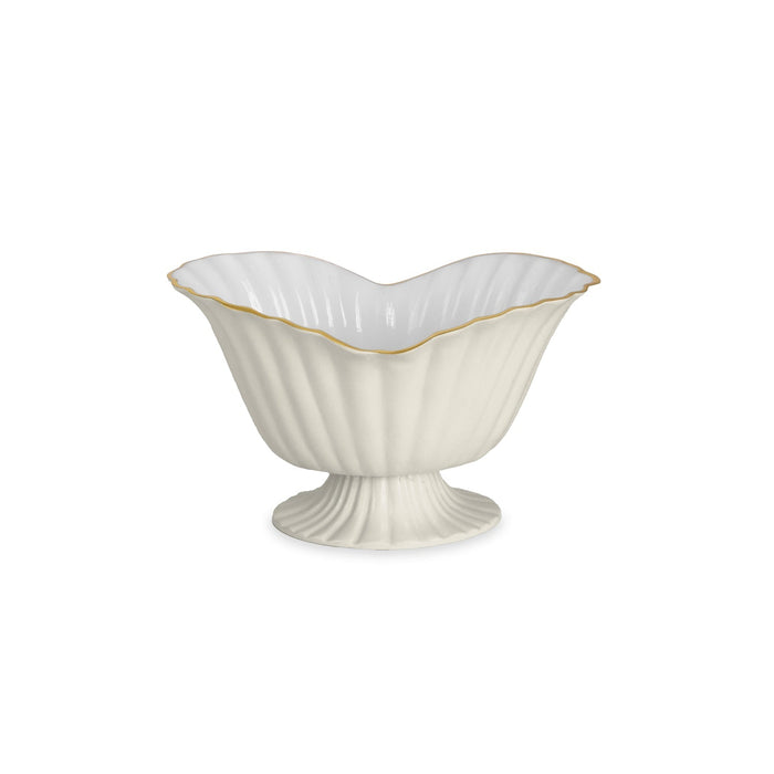 Beatriz Ball Encanto Vienna Medium Grissini Pedestal Cream and white — Cream-and-white oval pedestal dish isolated on white