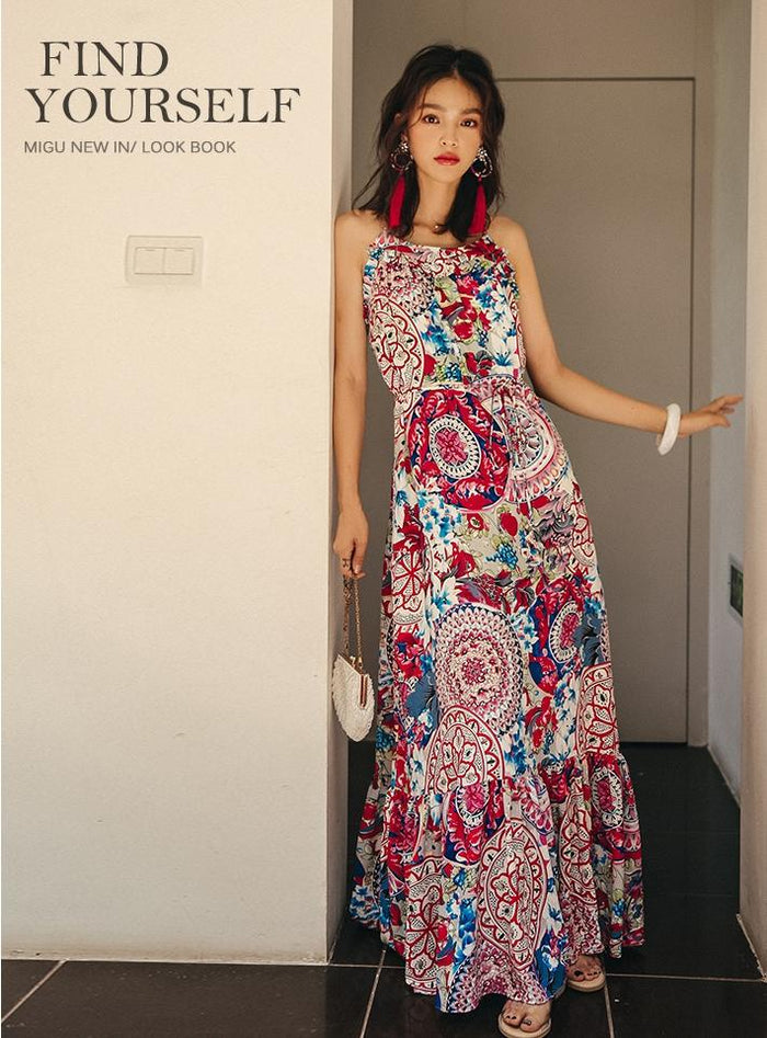 Ethnic Style Summer Bohemian Holiday Thailand Beach Spaghetti-strap Long Dress