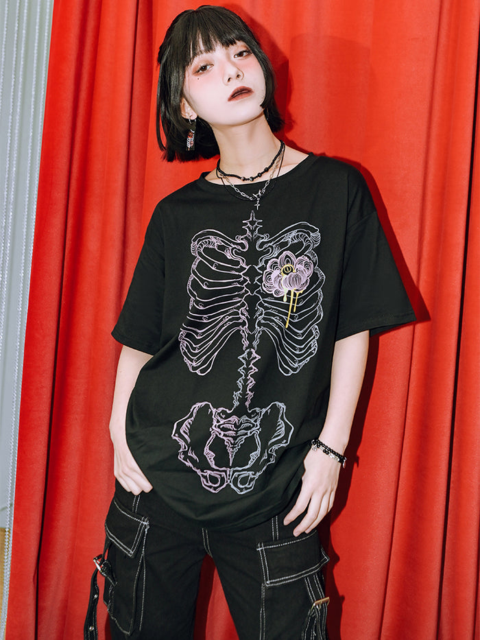 floral bone print Dark aesthetic short-sleeve top