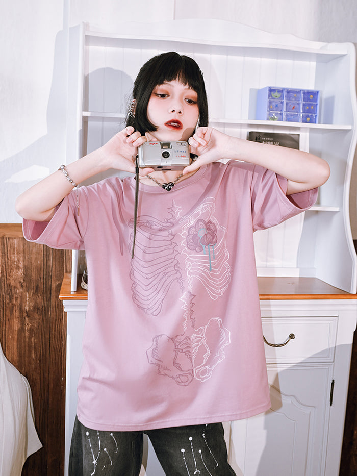 floral bone print Dark aesthetic short-sleeve top