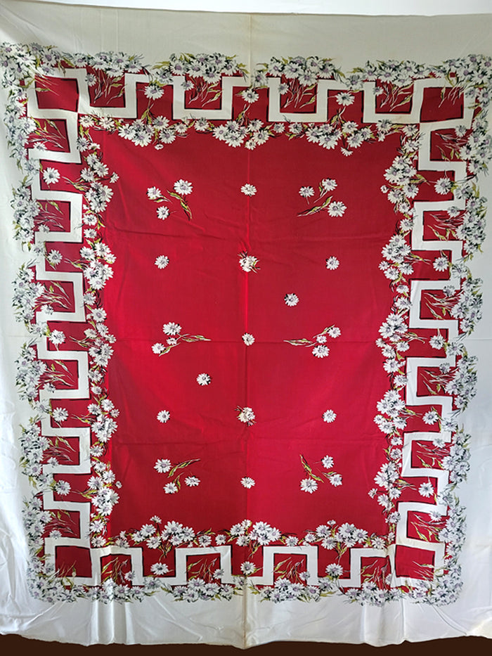 Geometric Border of Daisies Vintage Tablecloth 53x60