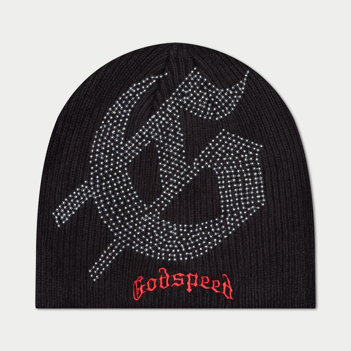 Black and red Godspeed studded beanie with edgy and stylish design