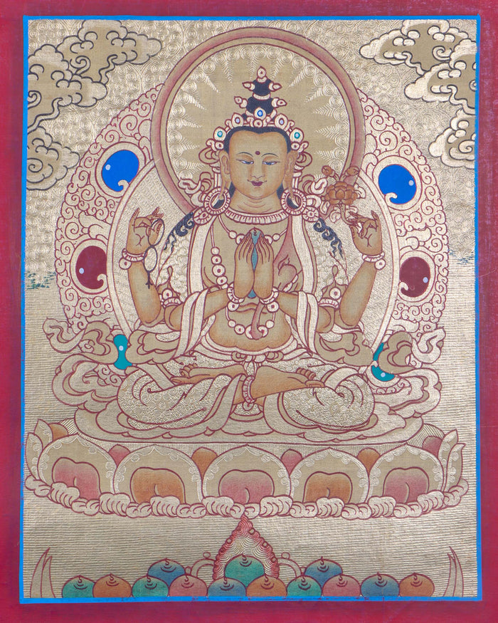 Golden Painting of 4 armed Chenrezig - Lucky Thanka