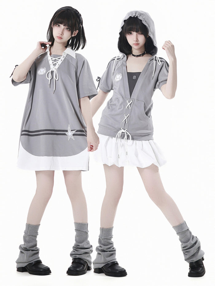 Gray Summer Short-sleeve Hoodie / T-Shirt / White Puff Skirt