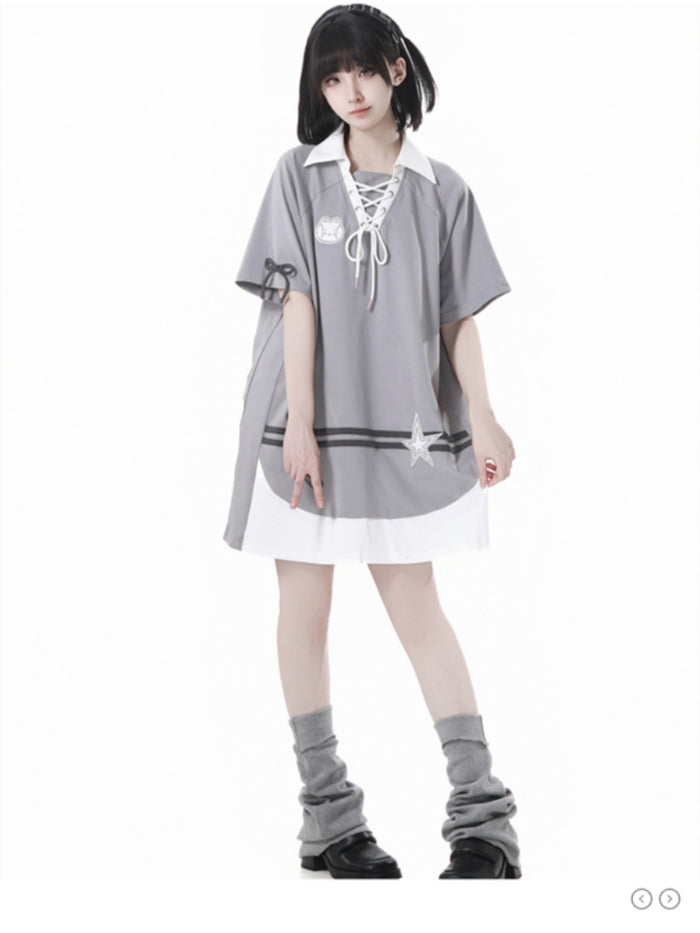 Gray Summer Short-sleeve Hoodie / T-Shirt / White Puff Skirt