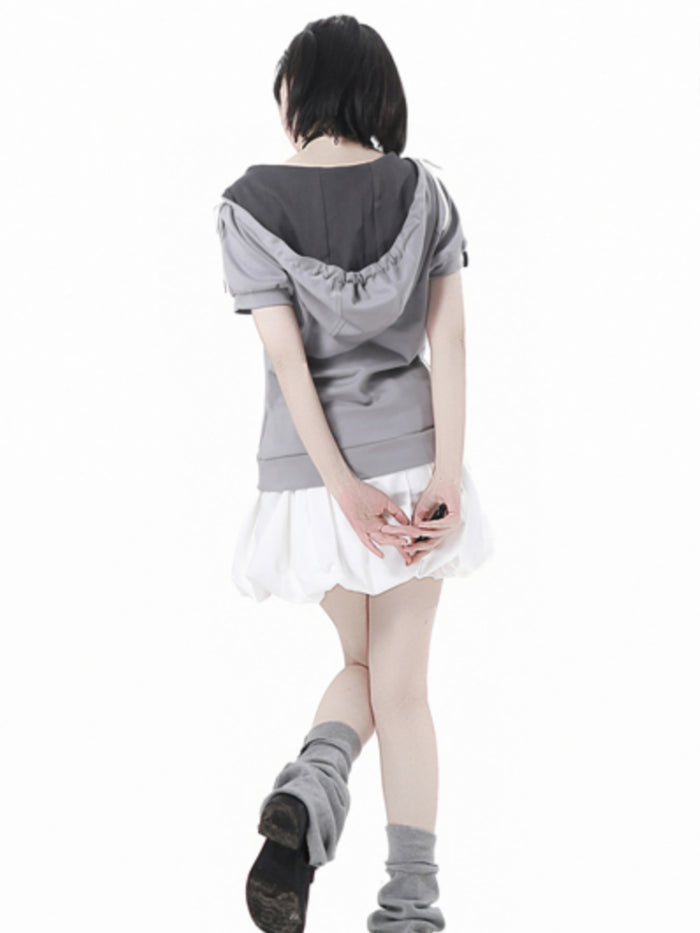 Gray Summer Short-sleeve Hoodie / T-Shirt / White Puff Skirt