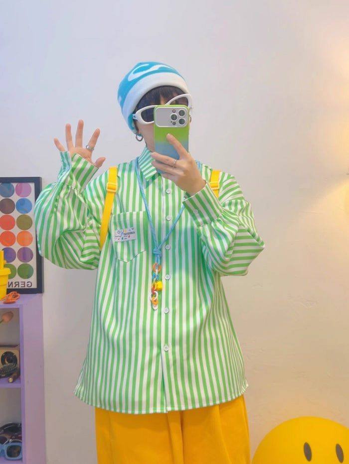 Green Vertical Striped Loose-Fit Long-Sleeve Shirt